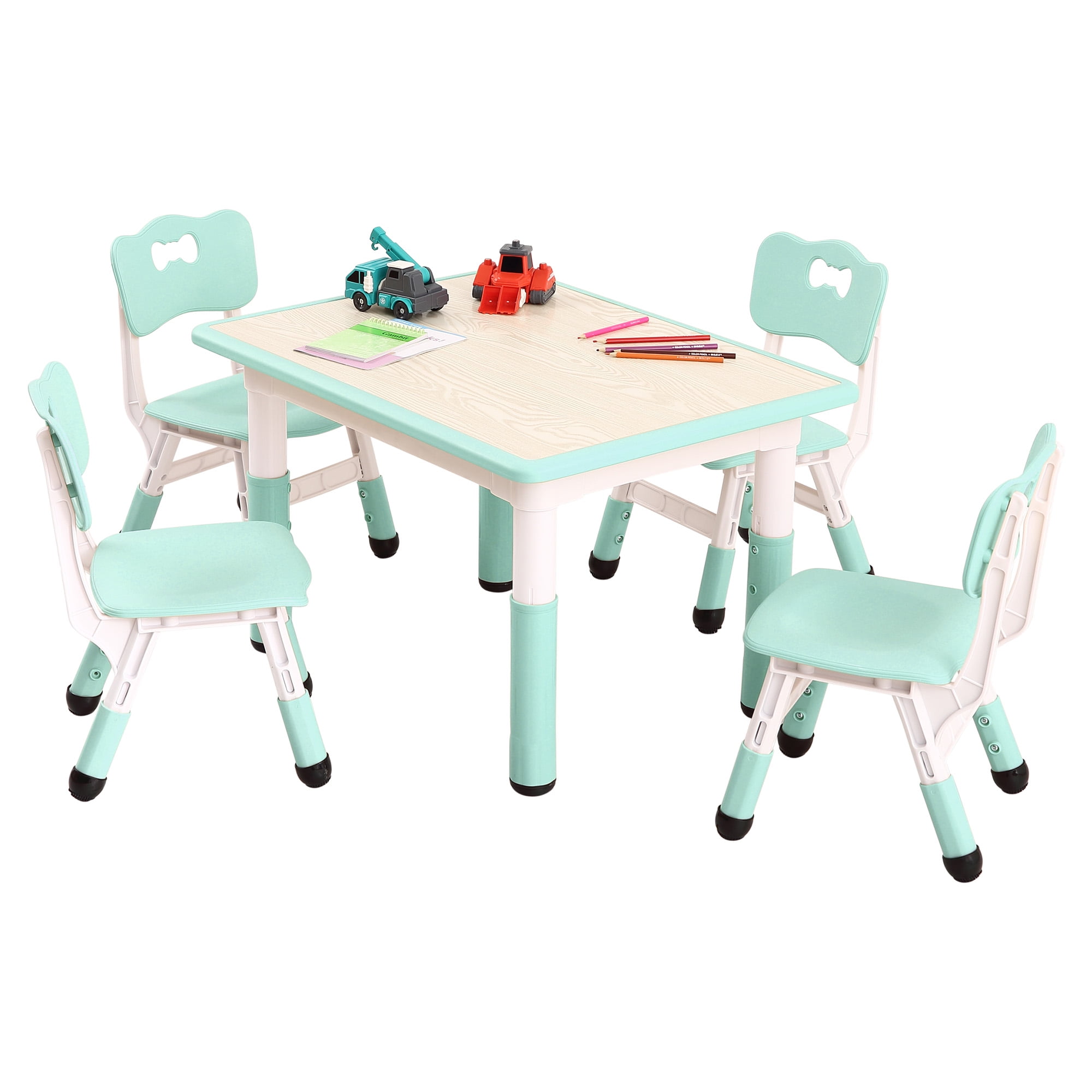 Toddler Table and Chair Set, Height Adjustable Kids Table and Chair Set of 4, Toddler Table for Reading, Drawing, Eating, for Ages Over 3, Light Blue