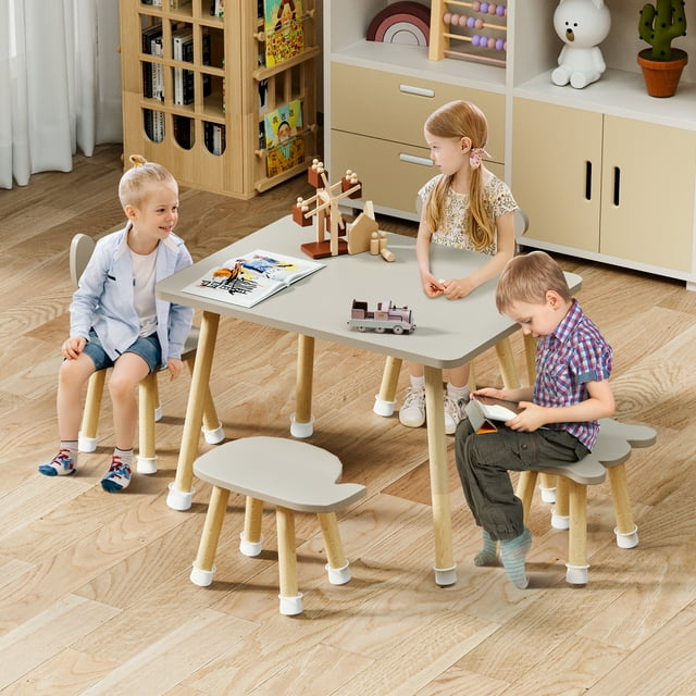 Toddler Table and Chairs Set Wood Kids Play Table with 4 Animals Shape