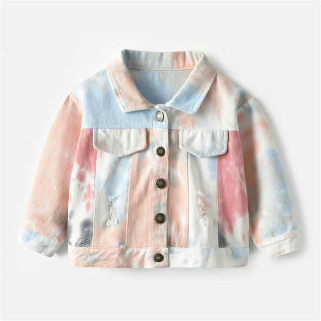 Toddler Tie-dye Denim Jean Jacket for Girls Boys Size 1-7T Single-breasted Mid-length Jacket for Spring Fall,Beige,6-9 Months