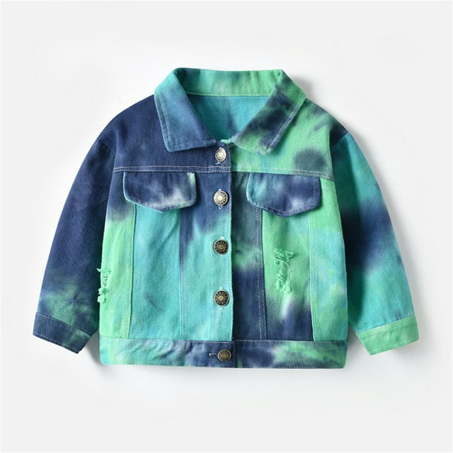 Toddler Tie-dye Denim Jean Jacket for Girls Boys Size 1-7T Single-breasted Mid-length Jacket for Spring Fall,Green,2-3 Years