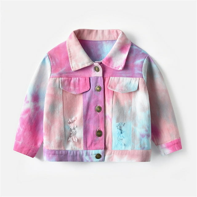 Toddler Tie-dye Denim Jean Jacket for Girls Boys Size 1-7T Single-breasted Mid-length Jacket for Spring Fall,Pink,3-4 Years