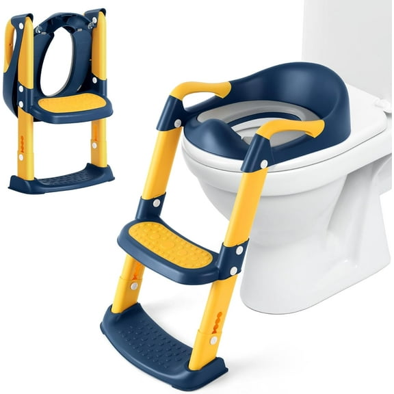 Toddler Toilet Seat with Step Stool Foldable Potty Training Toilet Seat, Blue Yellow
