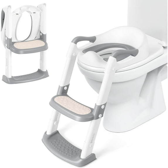 Toddler Toilet Seat with Step Stool Foldable Potty Training Toilet Seat, Gray White