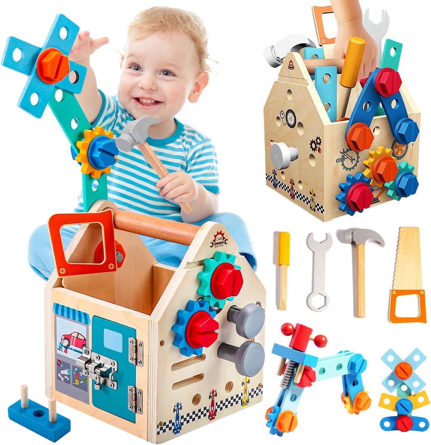33 Pcs Wooden Kids Tool Set with Tool Box & Bench, Montessori Educational Toys for Toddlers Age 2-5, STEM Construction Pretend Play Gift for Boys & Girls