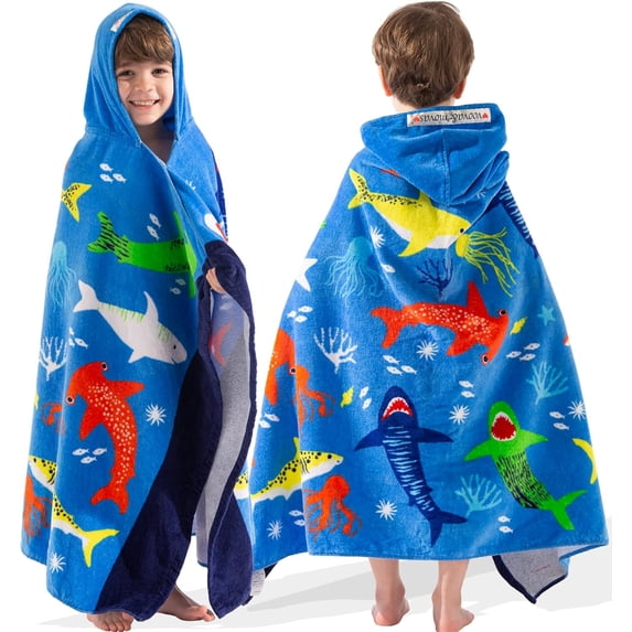 Toddler Towels Age 3-10, ',100% Cotton | Thick | Absorbent, Beach | Pool | Bath | Bathroom | Swim Towel | Wearable Wrap for Boys,Shark