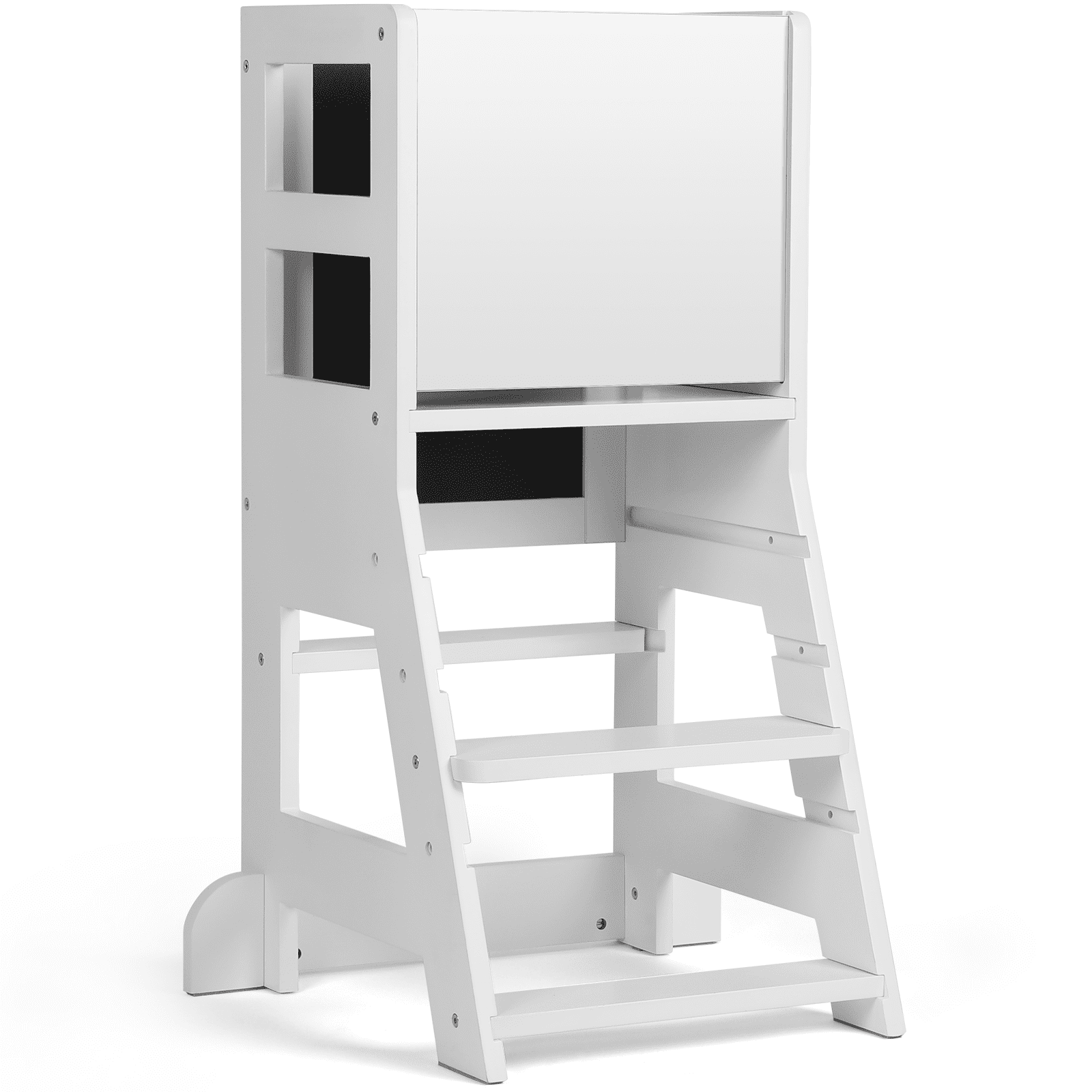 Toddler Tower with 3 Adjustable Heights Plane, Toddler Stool with Magnetic White Board&Removable Black Board for Painting, Safe Toddler Tower Suitable for Use in Kitchen/Counter/Sink, White