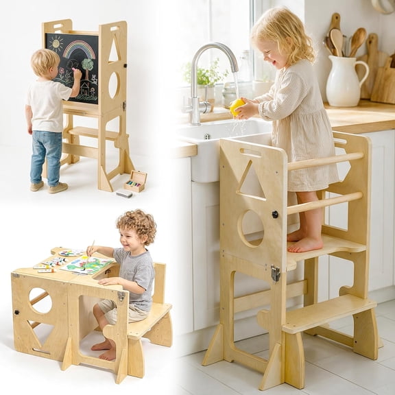 Toddler Tower, 4 In 1 Foldable Toddler Standing Tower with Blackboard , Kids Step Stool, Toddler Learning, Wooden Kitchen Step Stool Helper Tower for Kitchen Counter & Bathroom Sink