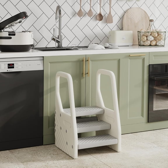 Toddler Tower, Adjustable 3 Step Kitchen Stool Helper with Handles, Non-Slip Surface & Foot Pads, for Bathroom, Kitchen, Sink, Toilet Potty Training, for 2-5 Years, Gray