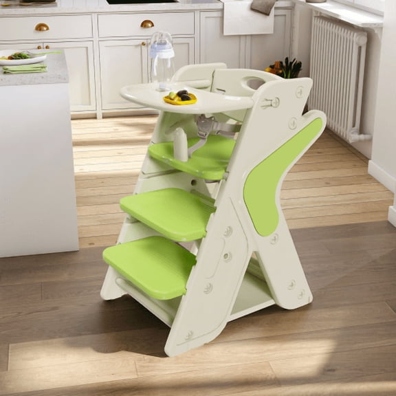 Toddler Tower, Convertible Toddler Step Stool, Adjustable Height Foldable Standing Tower, with Safety Belt & Removable Dining Tray, for Kitchen Counter Bathroom Sink (White+Green)