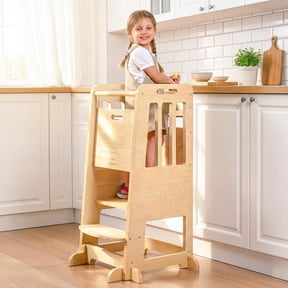 Toddler Tower, Kids Learning Stool Helper with Anti-Tip Design | Natural Wood, for Kids 18M-6Y, 150 lb Capacity, 3-Height Adjustable Platform, Sliding Door, Kitchen Stool, Wood