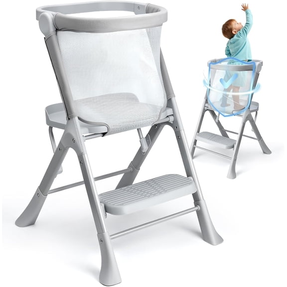Toddler Tower with Safety Net, 2-Steps Step Stool Standing Tower with Anti-Drop Safty Railing for Kitchen Counter Bathroom Sink Learning, Kitchen Helper for Kids Ages 3 to 6 Years