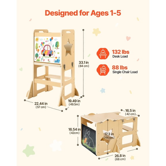 Toddler Tower, Wooden, 4 in 1 Kitchen Step Stool for Kids 1-5, Montessori Weaning Table and Chair Set, Learning Standing Tower with Chalkboard, Easy to Clean, for Bathroom and Kitchen Counter
