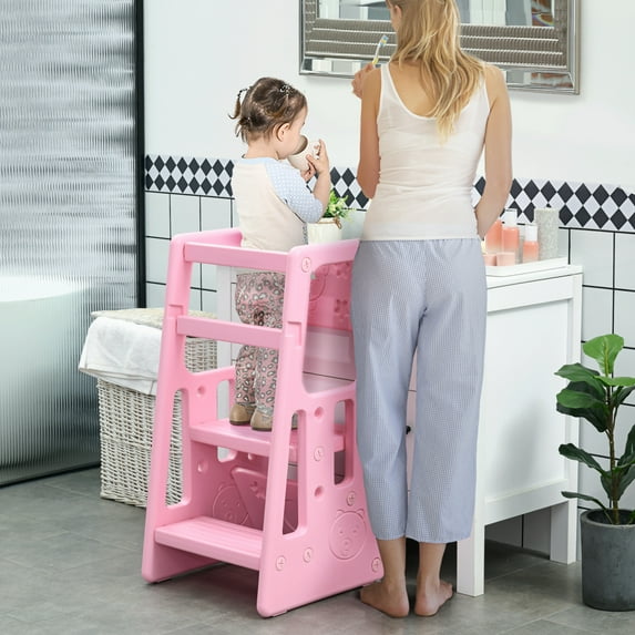Toddler Tower with Adjustable Height, Toddler Kitchen Stool Helper with Anti-slip Mat, Step Stool for Kitchen, Bathroom, Pink