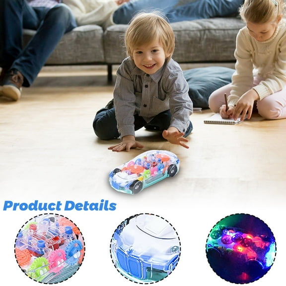 Toddler Toys Birthday Gifts Light Up Transparent Sensory Car Toys,Crash And Walk Toy Cars With Colorful Moving Gears,Music And LED Effects,Fun Automatic Steering Toys A