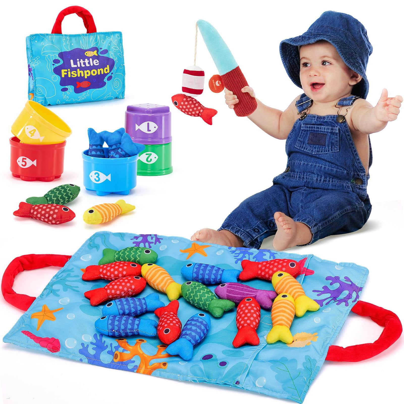 Toddler Montessori Toys Fishing Game With Stacking Cups Storage Bag Number Counting