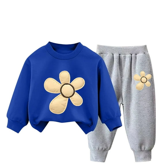 Toddler Tracksuit Girl 4T 2 Piece Fall Casual Loose Outfits Cute Print Crewneck Sweatshirt Joggers Sweatpants 3-9T, Blue, 6 Years