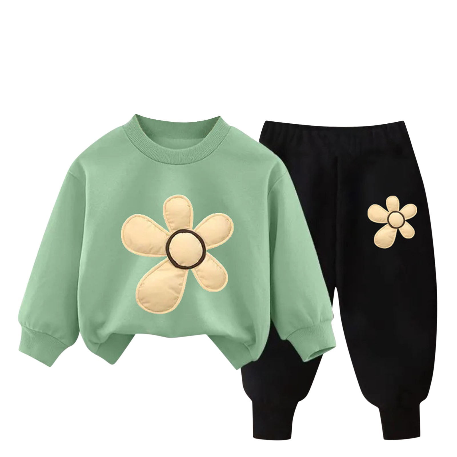 Toddler Tracksuit Girl 4T 2 Piece Fall Casual Loose Outfits Cute Print Crewneck Sweatshirt Joggers Sweatpants 3-9T, Green, 4 Years
