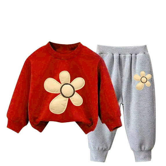 Toddler Tracksuit Girl 4T 2 Piece Fall Casual Loose Outfits Cute Print Crewneck Sweatshirt Joggers Sweatpants 3-9T, Red, 4 Years