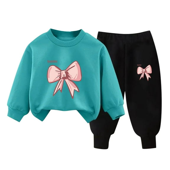 Toddler Tracksuit Girl 4T 2 Piece Fall Casual Loose Outfits Cute Print Crewneck Sweatshirt Joggers Sweatpants 3-9T, Sky Blue, 5 Years