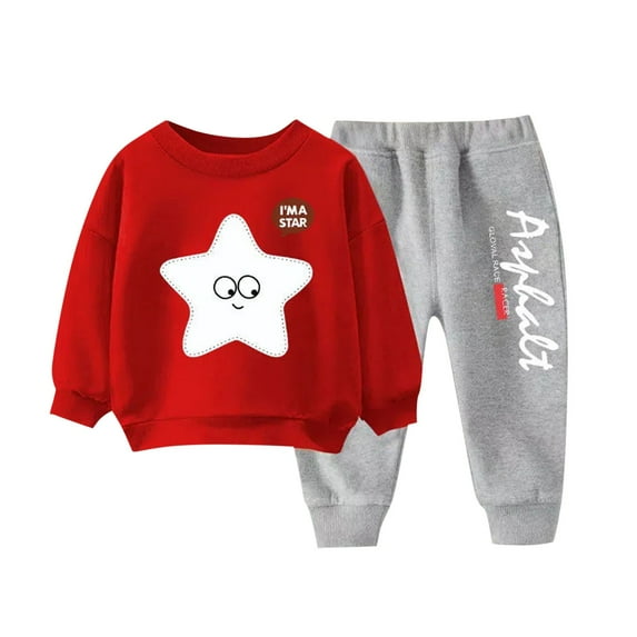 Toddler Tracksuit Girl 4T 2 Piece Kids Fall Casual Loose Outfits Cute Print Crewneck Sweatshirt Joggers Sweatpants 3-8T, Red, 4 Years