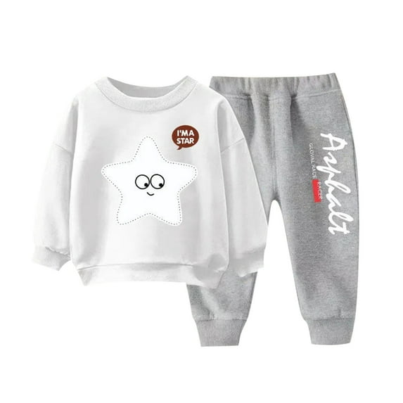 Toddler Tracksuit Girl 4T 2 Piece Kids Fall Casual Loose Outfits Cute Print Crewneck Sweatshirt Joggers Sweatpants 3-8T, White, 8 Years