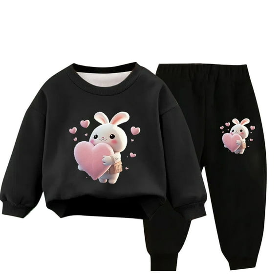 Toddler Tracksuit Girl 4T 2PCS Fall Loungewear Outfits Rabbit Cute Print Crewneck Sweatshirt Joggers Sweatpants 3-9T, Black, 7 Years