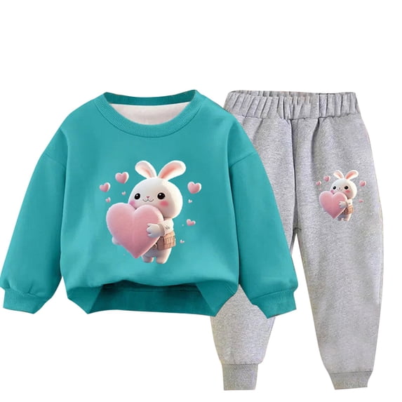 Toddler Tracksuit Girl 4T 2PCS Fall Loungewear Outfits Rabbit Cute Print Crewneck Sweatshirt Joggers Sweatpants 3-9T Sky Blue, 8 Years