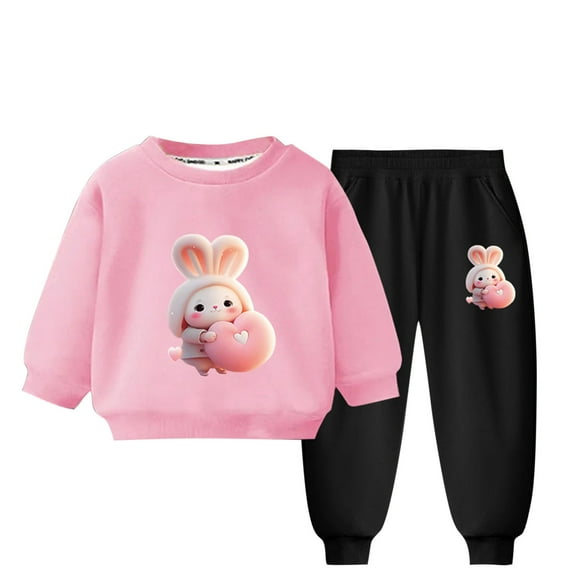 Toddler Tracksuit Girl 4T 2PCS Fall Loungewear Outfits Rabbit Cute Print Crewneck Sweatshirt Joggers Sweatpants 3-9T, Pink, 6 Years