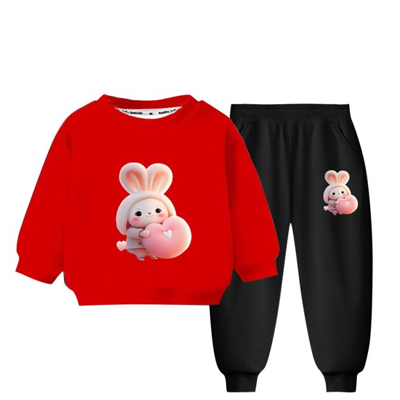 Toddler Tracksuit Girl 4T 2PCS Fall Loungewear Outfits Rabbit Cute Print Crewneck Sweatshirt Joggers Sweatpants 3-9T, Red, 6 Years