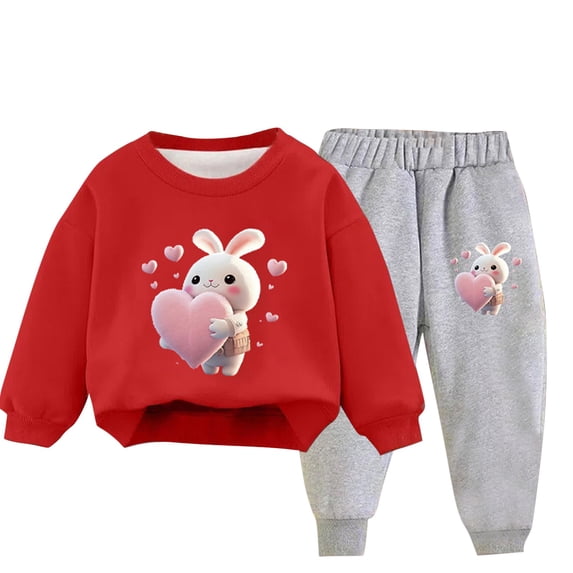 Toddler Tracksuit Girl 4T 2PCS Fall Loungewear Outfits Rabbit Cute Print Crewneck Sweatshirt Joggers Sweatpants 3-9T Red, 8 Years