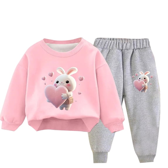 Toddler Tracksuit Girl 4T 2PCS Fall Loungewear Outfits Rabbit Cute Print Crewneck Sweatshirt Joggers Sweatpants 3-9T Pink, 9 Years