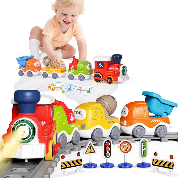 Funtogether Toys Electric Train Set with Steam, Sound, and Lights, ABS Plastic Railway Kit with Magnetic Cars for Kids Ages 2-4