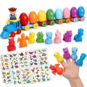 Rirool Montessori Dinosaur Train Toys, 33PCS Color Sorting Counting Matching Easter Egg Train Set with 8 Dino Finger Puppets, STEM Learning Toy Gift for Toddlers Boys Girls Ages 3-5