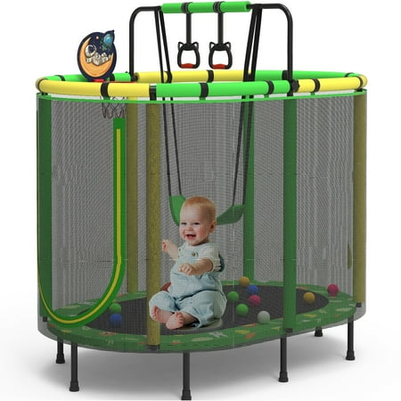Seizeen Trampoline for Kids, 60inch Mini Toddler Trampoline with Basketball Hoop, Small Indoor Outdoor Trampoline w/Foldable Base, Nylon Elastic Webbing, Adjustable Bar and Rings, Swing