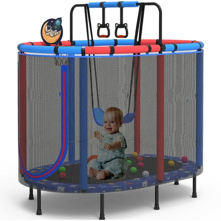 Seizeen Toddler Trampoline with Net, 60'' Mini Trampoline for Kids 6 Anti-slip Legs, Small Trampoline w/Basketball Hoop, Foldable Base, Multifunctional Trampoline W/Swing, Ring, Ocean Balls