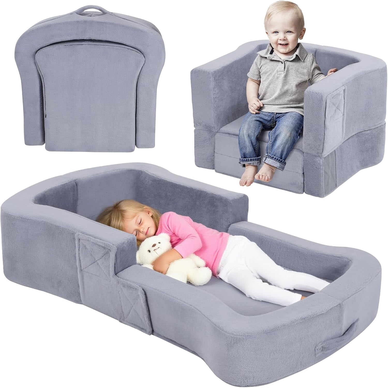 Toddler Travel Bed, 2-in-1 Foldable Portable Toddler Bed Sofa Chair, Soft Baby Kids Travel Floor Cot with Washable Covers Blue