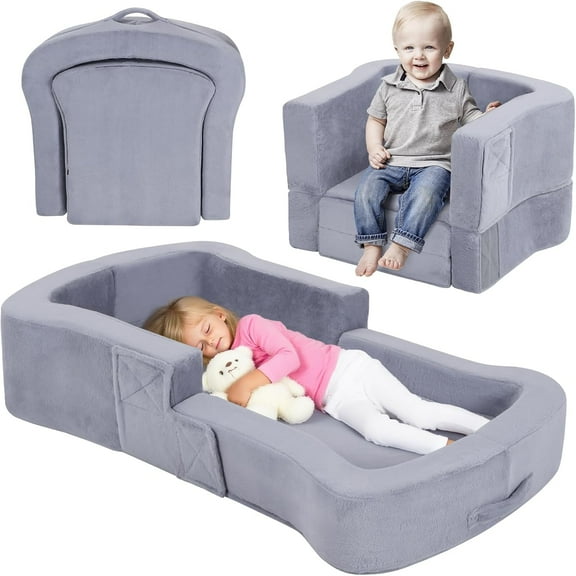 Toddler Travel Bed, 2-in-1 Foldable Portable Toddler Bed Sofa Chair, Soft Baby Kids Travel Floor Cot with Washable Covers Blue