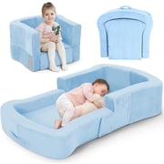 Toddler Travel Bed, 2-in-1 Foldable Portable Toddler Bed Sofa Chair, Soft Baby Kids Travel Floor Cot with Washable Covers Blue