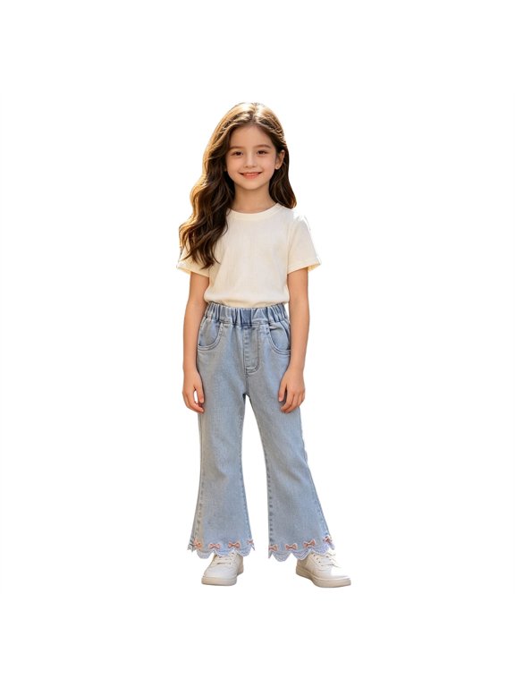 Toddler Trendy Lace Trim & Bow Flare Denim Pants Elastic Pull on Loose Leg Trousers for Everyday Play and Casual Activities Light Blue 90