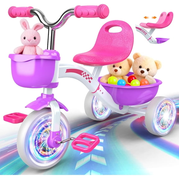 Toddler Tricycle for 1-3 3-5 Year Olds, 2 3 4 5 Year Old Girl Xmas Birthday Gifts, Pink Toddler Baby Bike, 4-Level Adjustable Seat, 3 Color Light Wheels, 2 Baskets, Outdoor Toys for Ages 2-4