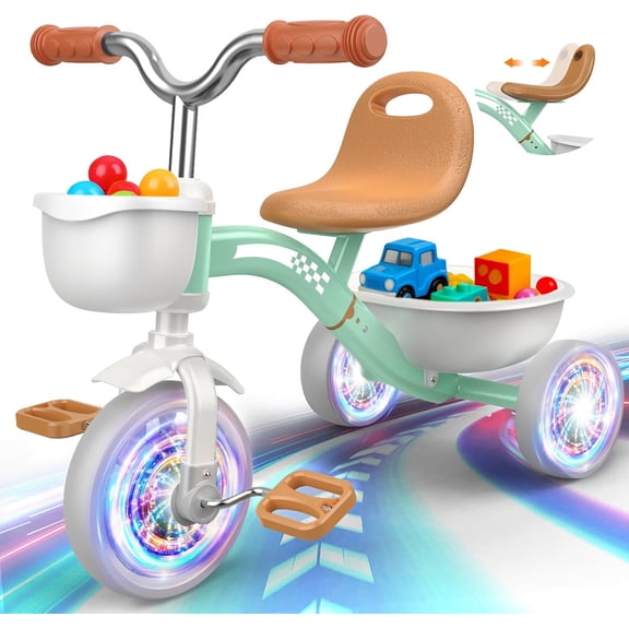 Toddler Tricycle for 1-3 3-5 Year Olds, 2 3 4 5 Year Old Girl Xmas Birthday Gifts, Pink Toddler Baby Bike, 4-Level Adjustable Seat, 3 Color Light Wheels, 2 Baskets, Outdoor Toys for Ages 2-4