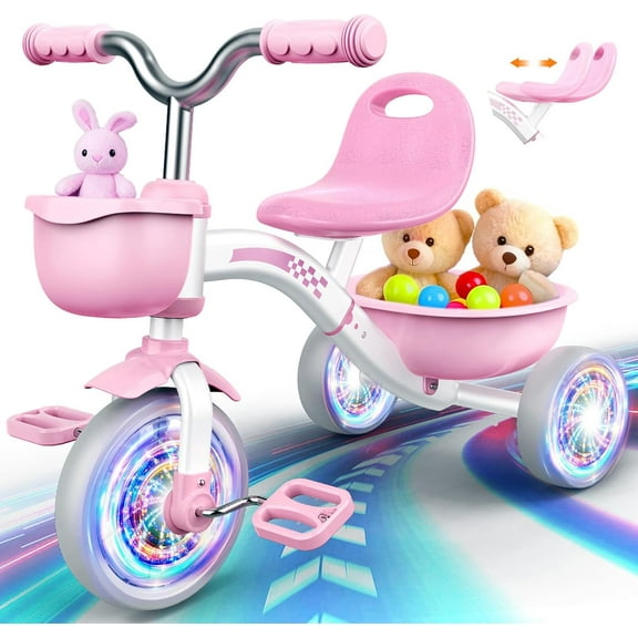 Toddler Tricycle for 1-3 3-5 Year Olds, 2 3 4 5 Year Old Girl Xmas Birthday Gifts, Pink Toddler Baby Bike, 4-Level Adjustable Seat, 3 Color Light Wheels, 2 Baskets, Outdoor Toys for Ages 2-4