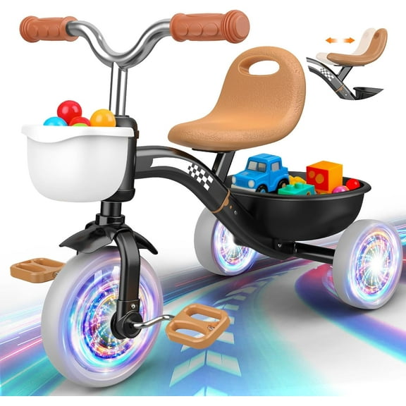 Toddler Tricycle for 1-3 3-5 Year Olds, 2 3 4 5 Year Old Girl Xmas Birthday Gifts, Pink Toddler Baby Bike, 4-Level Adjustable Seat, 3 Color Light Wheels, 2 Baskets, Outdoor Toys for Ages 2-4