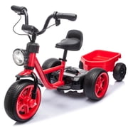12V Kids Ride On Electric Tricycle with Detachable Cargo Trailer, Toddler Electric Bike with LED Headlight, Bluetooth Music, Adjustable Seat, EVA Wheels for Ages 2-5, Red