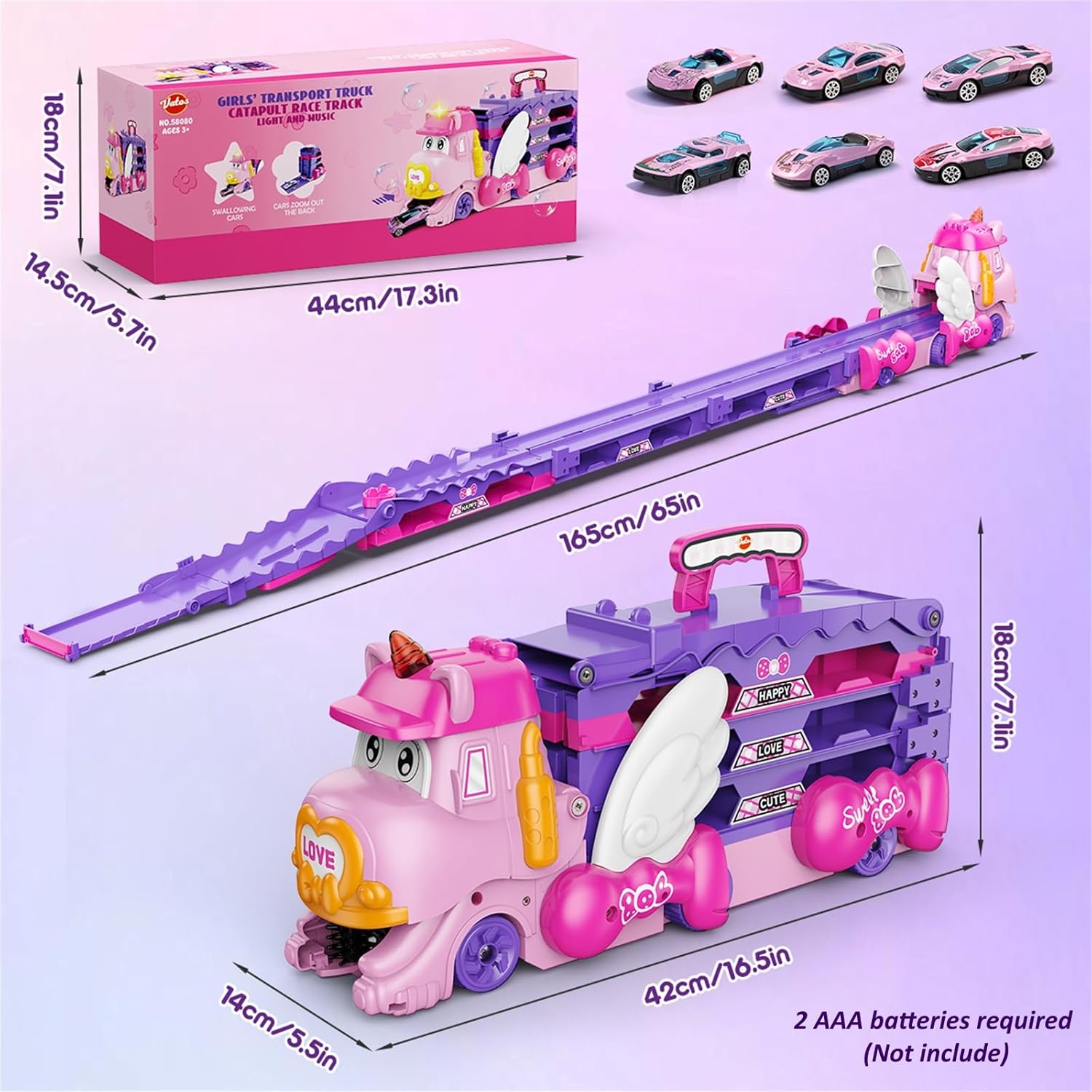 Camión Dinosaurio Con Pista De Carreras De 185cm, 10 Coches Y Música – Juguete 3 En 1 Para Niños De 3+