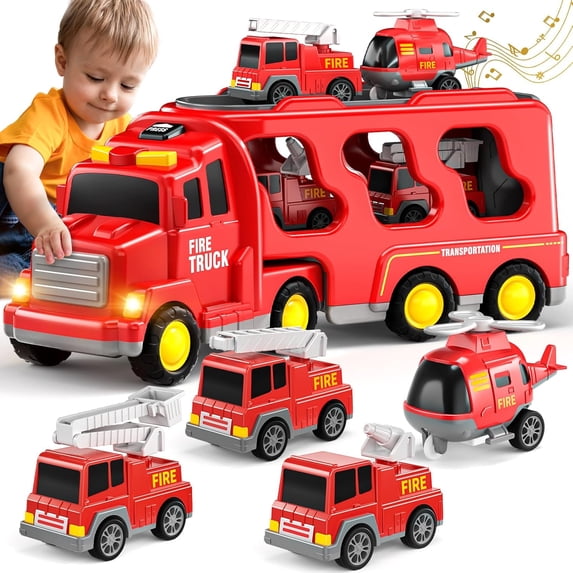 Toddler Truck Kids Fire Car Toys for 3 4 5 6 7 Boys - 5 Pack Friction Power Vehicle Truck Toys for Toddlers 1-3, Boys Toys Christmas Birthday Gifts for Boys Girl Age 3-9