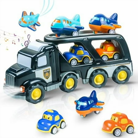 Toddler Trucks Toys for Boys Age 1-5,5-in-1 Carrier With Sound & Light,5 Pack Pull Back Toy Cars Set,Friction Power Police Transport & 4 Small Vehicles