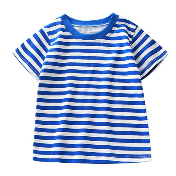 Toddler Tshirt Summer Children's Short Sleeved Striped T Shirt Pure Cotton Boys and Girls Top Baby Base Shirt Comfort Colors Tshirt(Color:Blue,Size:6-7 Years)