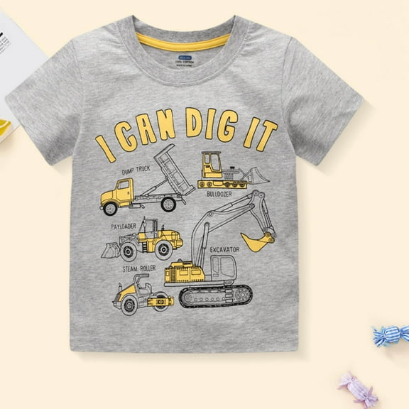 Toddler Tshirts Boys 2t Round Neck Truck Print Cotton Short-Sleeve T-Shirt Fashion Holidays Tops T-Shirts Toddler To Big Kid Light Gray 100