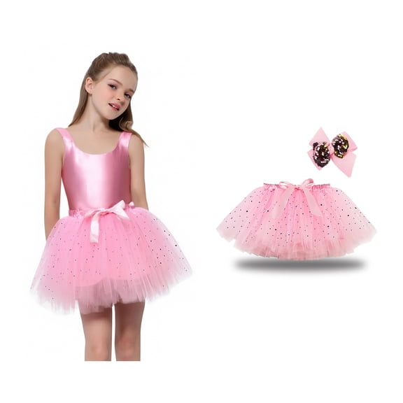 Toddler Tulle Skirt Layers Pink Tutu Sparkly Skirt with Bow Hair Clip Elastic Waist Ballet Tutu for Girls Birthday Dress 2-4 Years